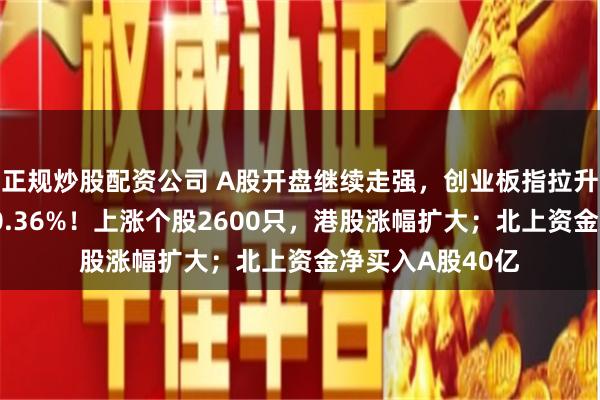 正规炒股配资公司 A股开盘继续走强，创业板指拉升涨2%，沪指涨0.36%！上涨个股2600只，港股涨幅扩大；北上资金净买入A股40亿